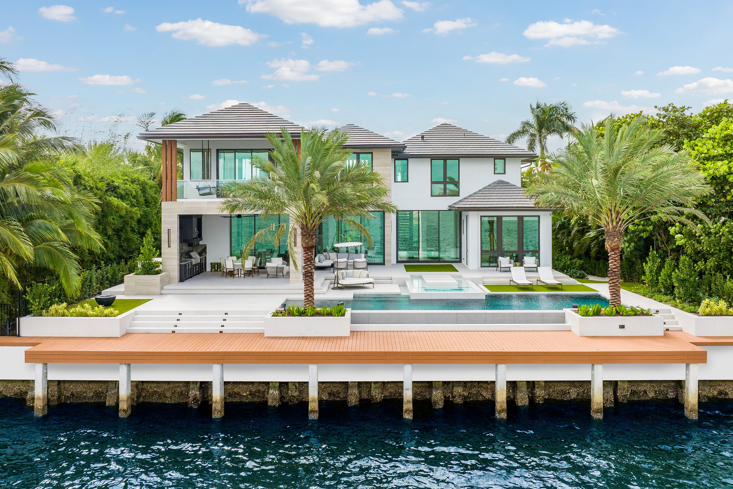 Aerial view of the Intracoastal-front custom home in Ocean Ridge — built by Varga Homes
