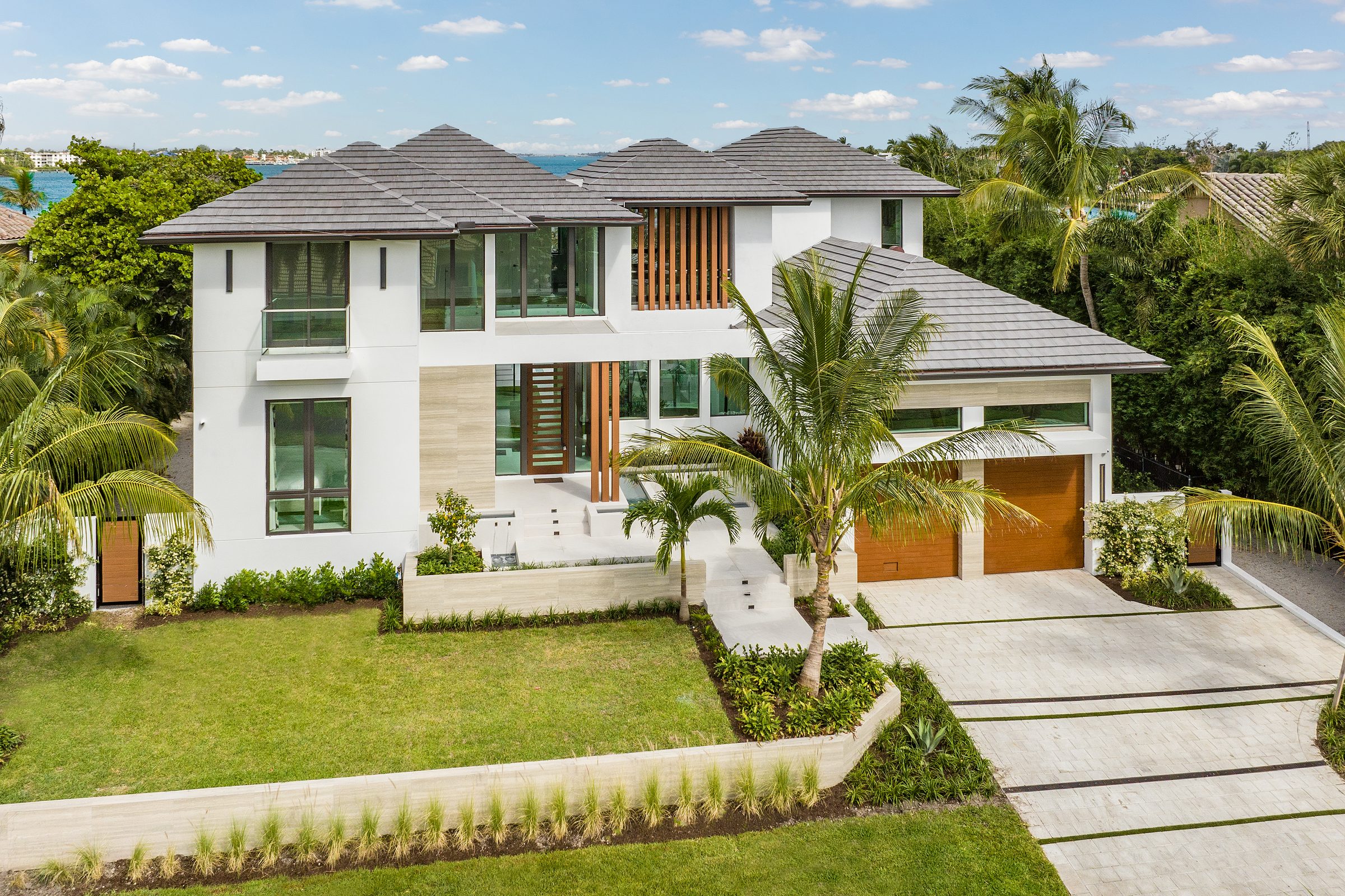 Aerial view of the Intracoastal-front custom home in Ocean Ridge — built by Varga Homes