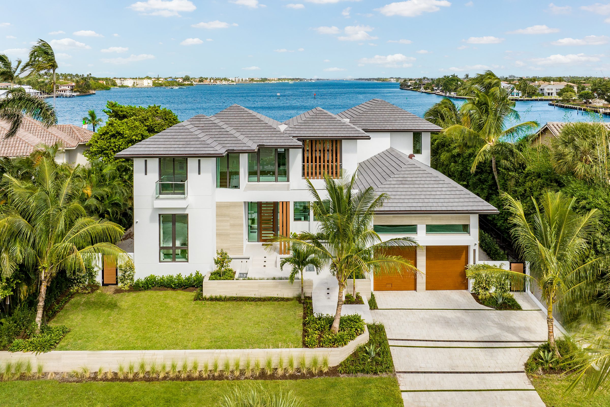 Aerial view of the Intracoastal-front custom home in Ocean Ridge — built by Varga Homes