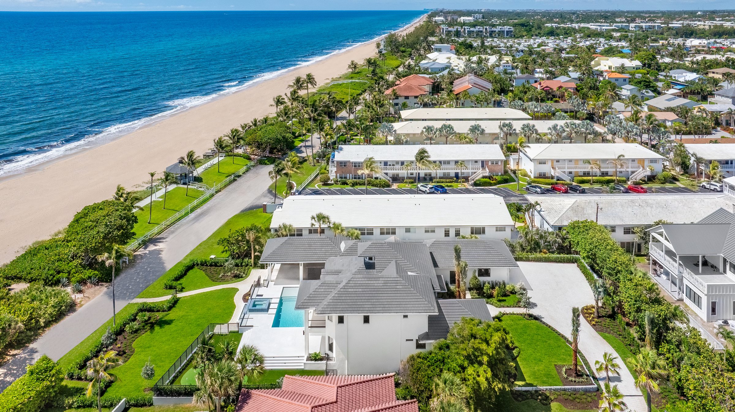 Aerial view of the oceanfront custom home in Ocean Ridge — built by Varga Homes