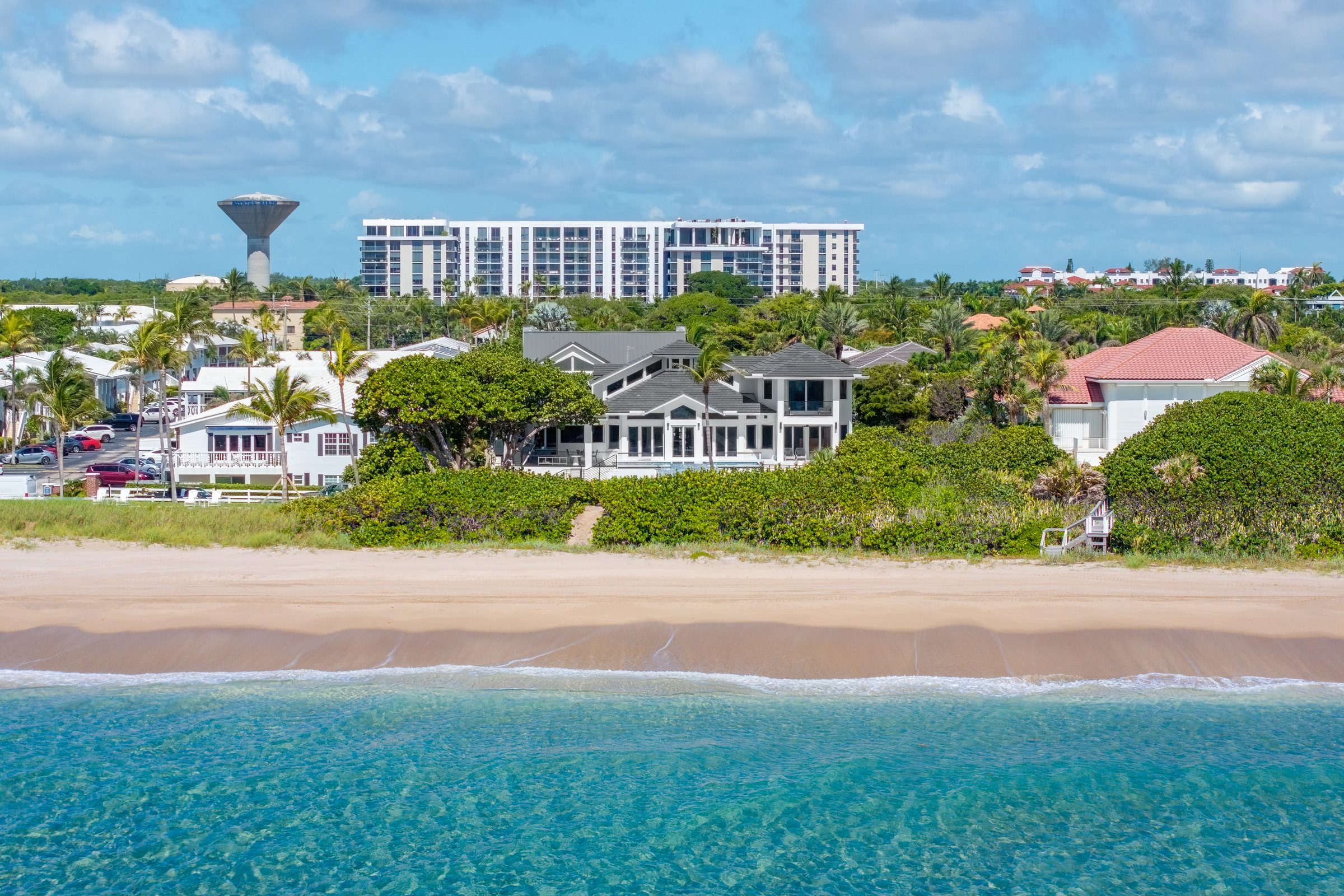 Aerial view of the oceanfront custom home in Ocean Ridge — built by Varga Homes