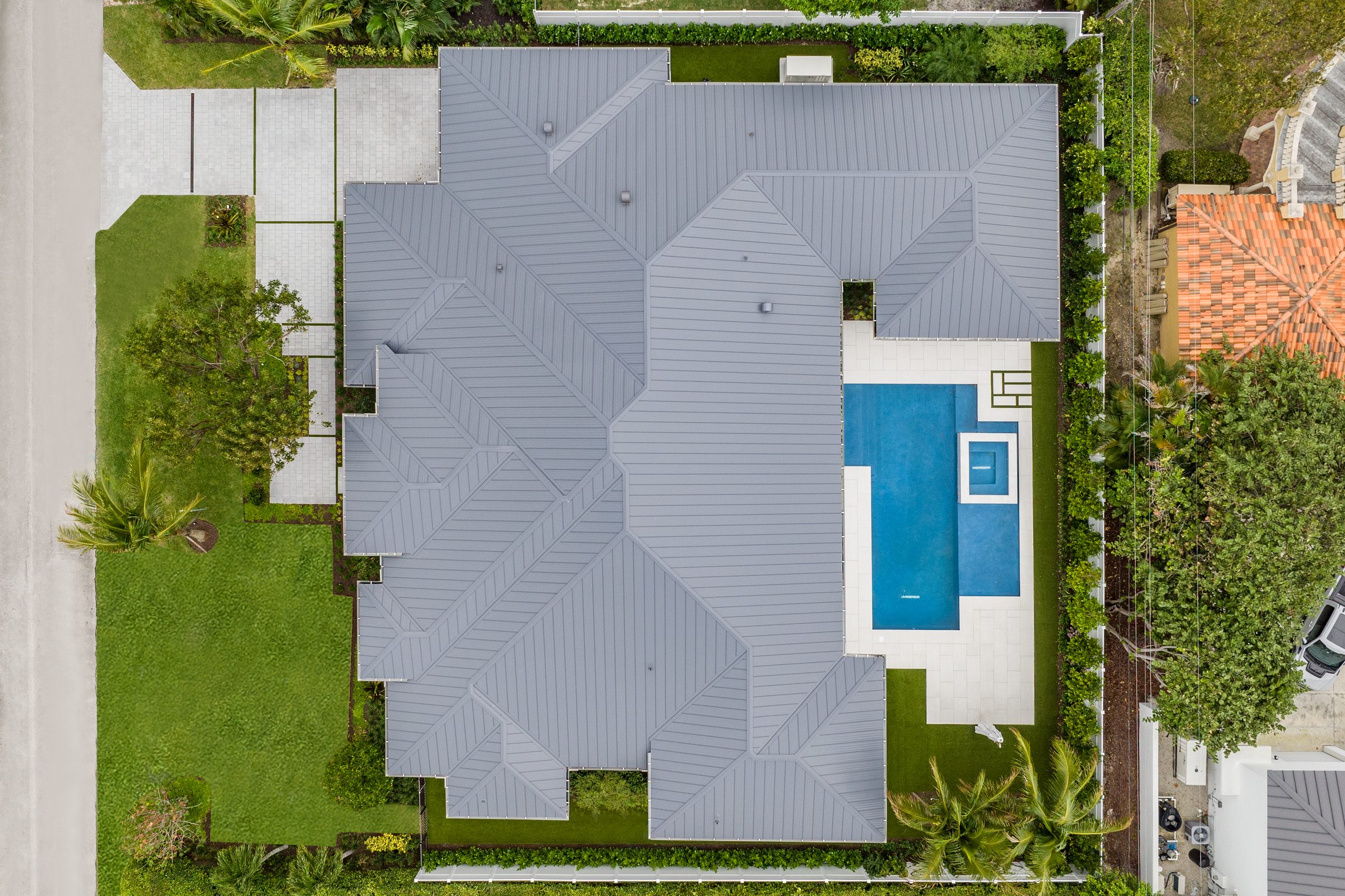 Aerial view of the custom home in Delray Beach — built by Varga Homes
